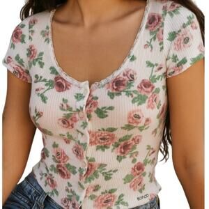 Y2K Bongo Floral Top Ribbed Knit Lace Button Front Size S Retro Boho Cottagecore